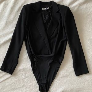 Zara Black Padded Shoulder Blazer Bodysuit
